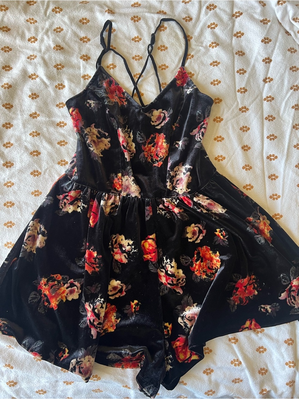 Xhilaration Black Floral Velvet Romper with Red & Cream Flowers